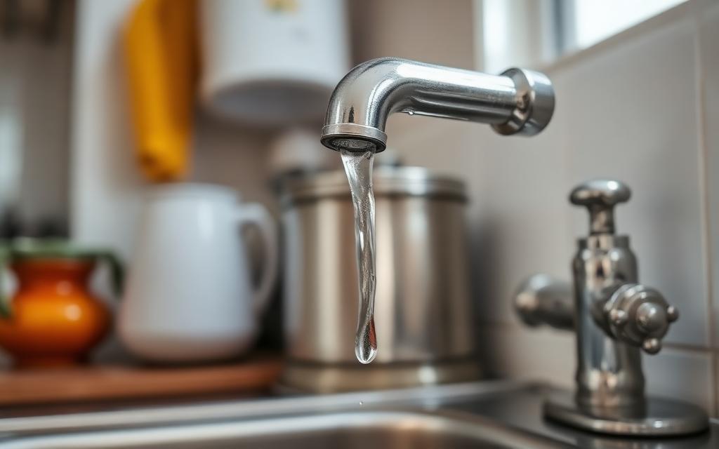 Close-up of a leaking chrome kitchen tap dripping water