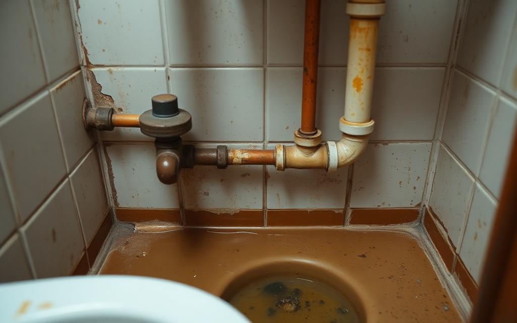 Rusted pipes and water logging in a Hyderabad apartment bathroom