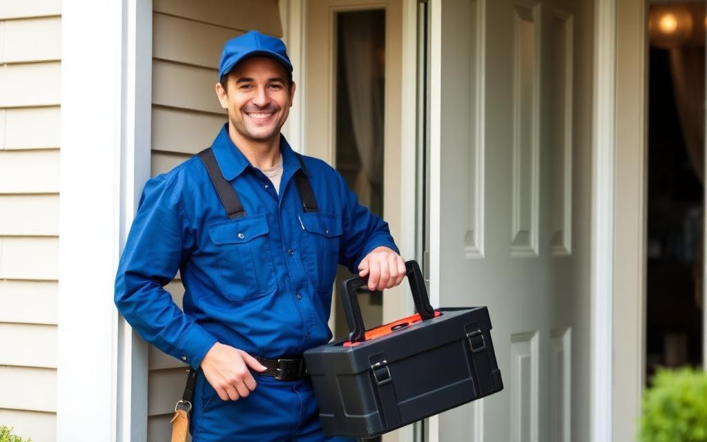 Professional plumber with a toolbox arriving at a customer home