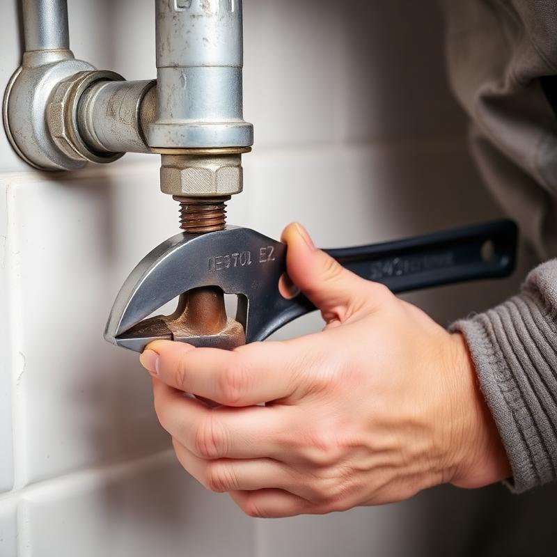 Plumber repairing a leaking pipe joint with a wrench in Miyapur