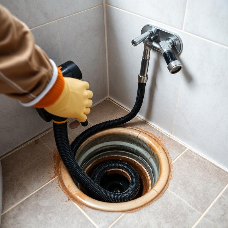 Drain cleaning machine clearing a blocked bathroom floor drain