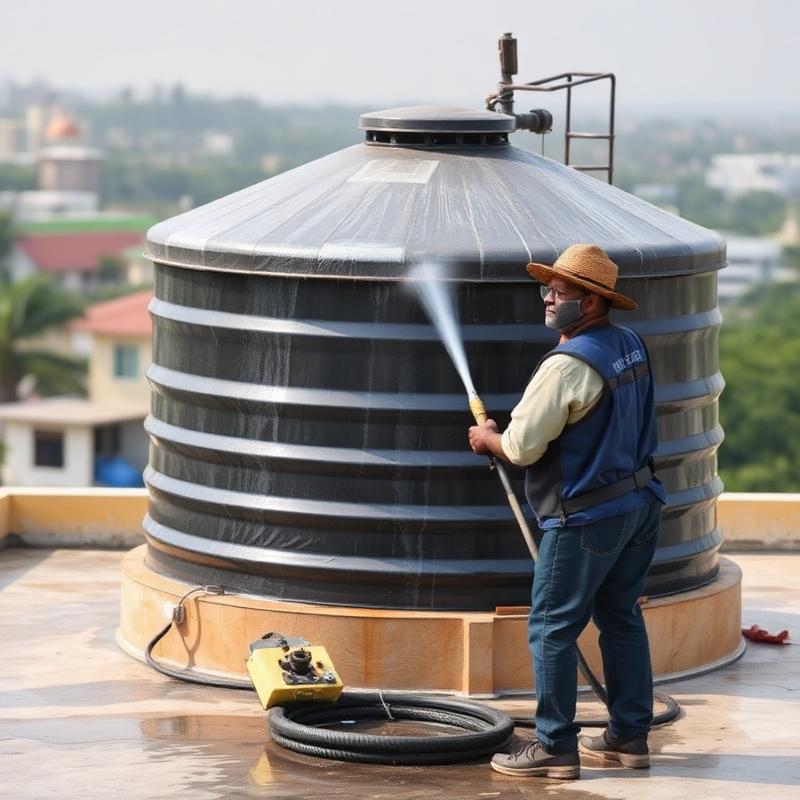 Worker pressure washing an overhead water storage tank in Hyderabad