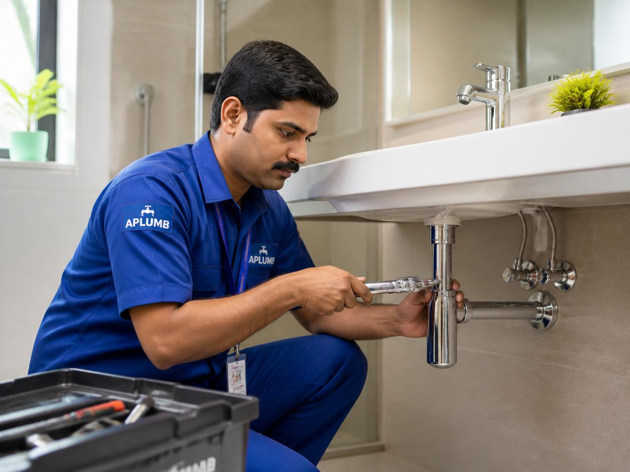 plumber4you technician repairing a washbasin pipe in a Miyapur home